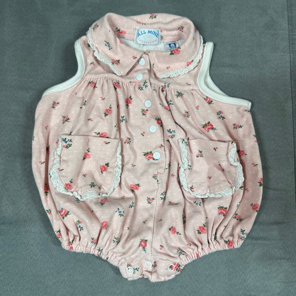 Vintage Pink Floral Bubble Romper All Mine Collar Cotton 6-9 Months Baby Girl